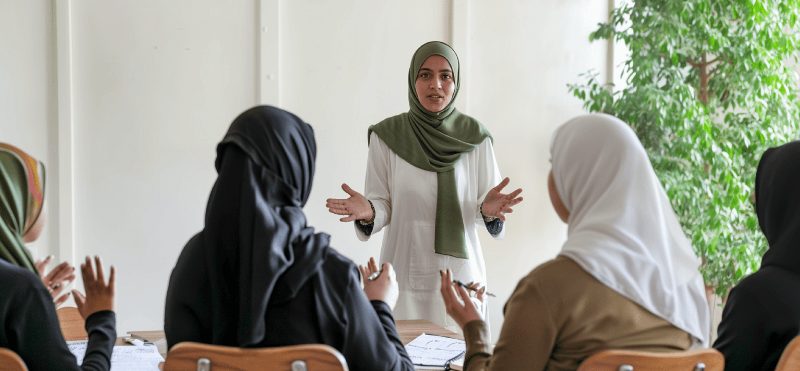 muslim woman coaching a group of women on life skills and spirituality