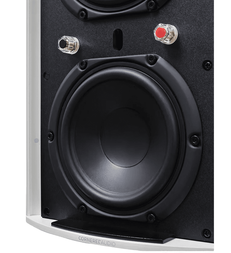 White speaker with black woofer and binding posts