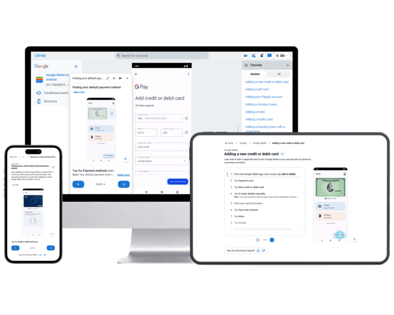 Phone, desktop, and tablet with banking app support content