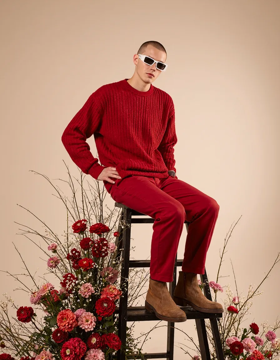 Model in red monochrome outfit with white sunglasses sitting on stool surrounded by red and pink flowers