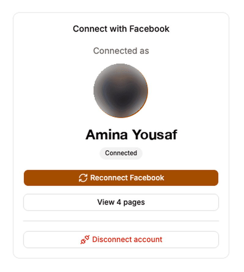 Connected Facebook account card showing the linked account with Reconnect Facebook, View pages and Disconnect account buttons.