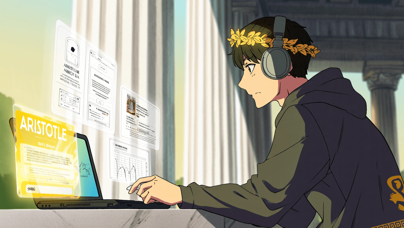 Focused student comparing study tools on a modern screen with Greek architectural arches in background