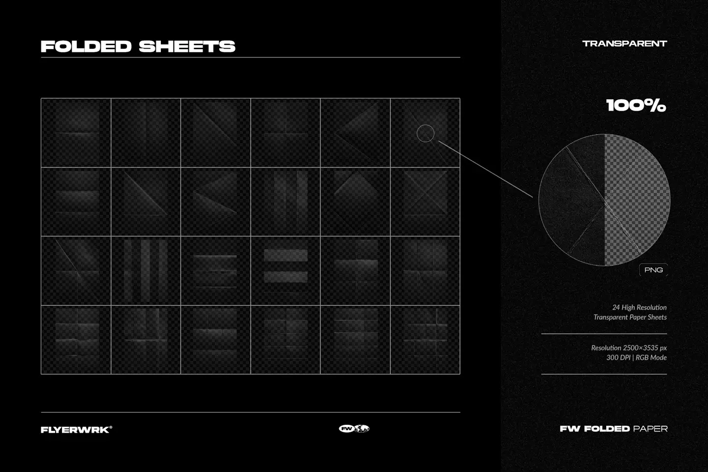 Folded paper sheets set with twenty four high resolution transparent PNG textures and realistic creases