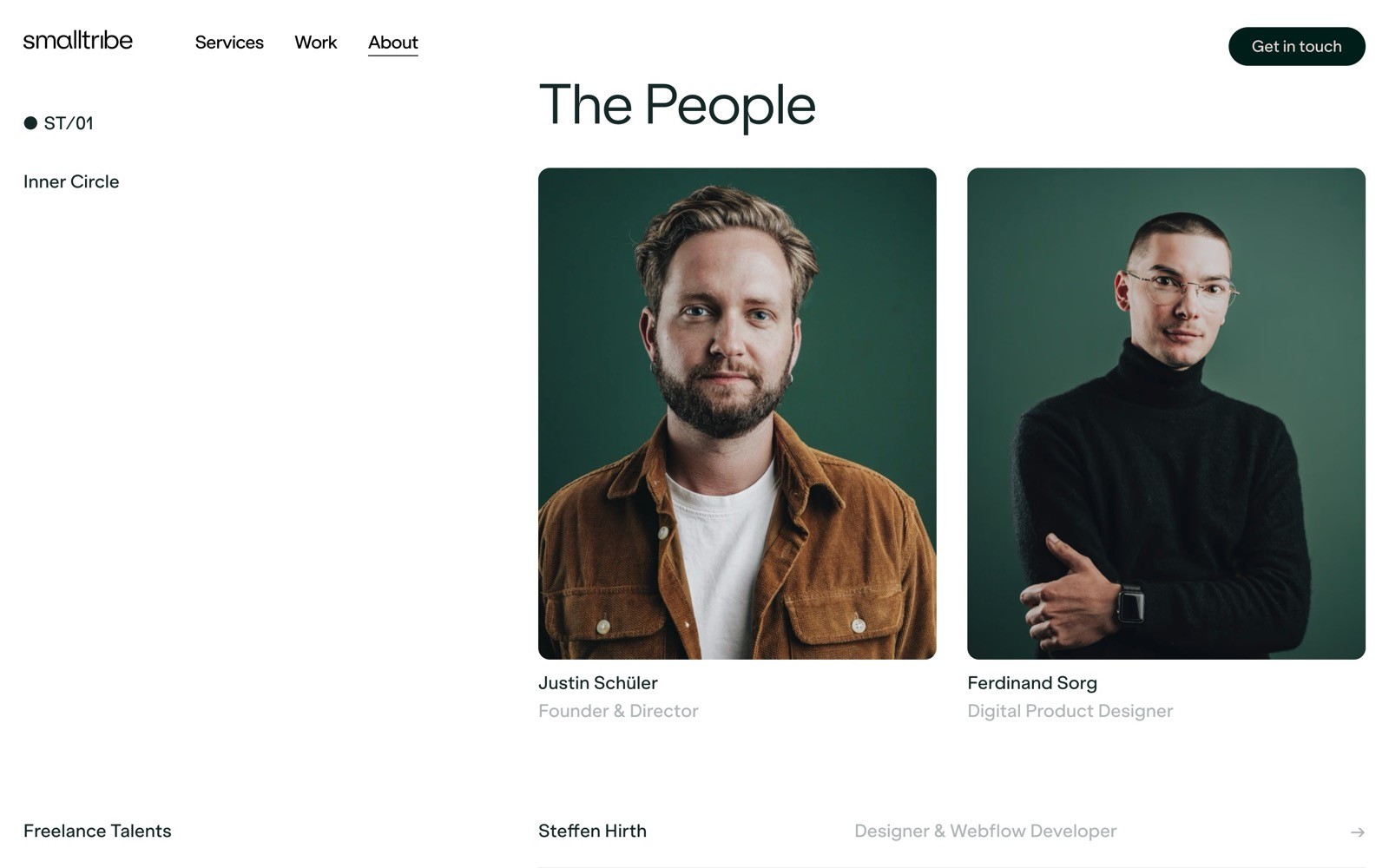 Two men against green backgrounds with text: "Justin Schüler, Founder & Director" and "Ferdinand Sorg, Digital Product Designer.