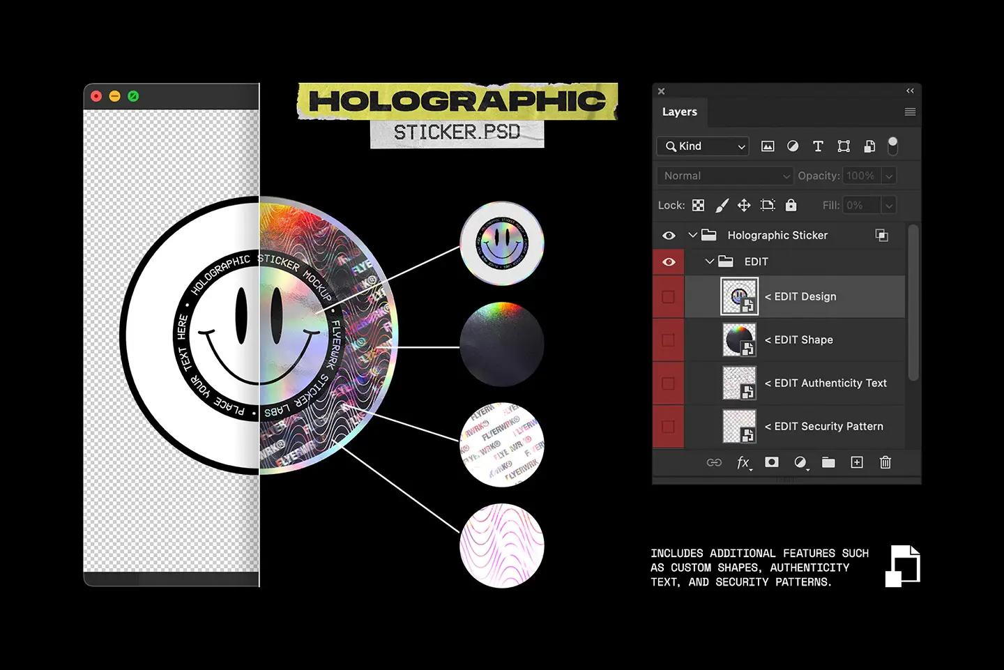 Sticker Labs holographic sticker mockup showing metallic foil and authenticity pattern