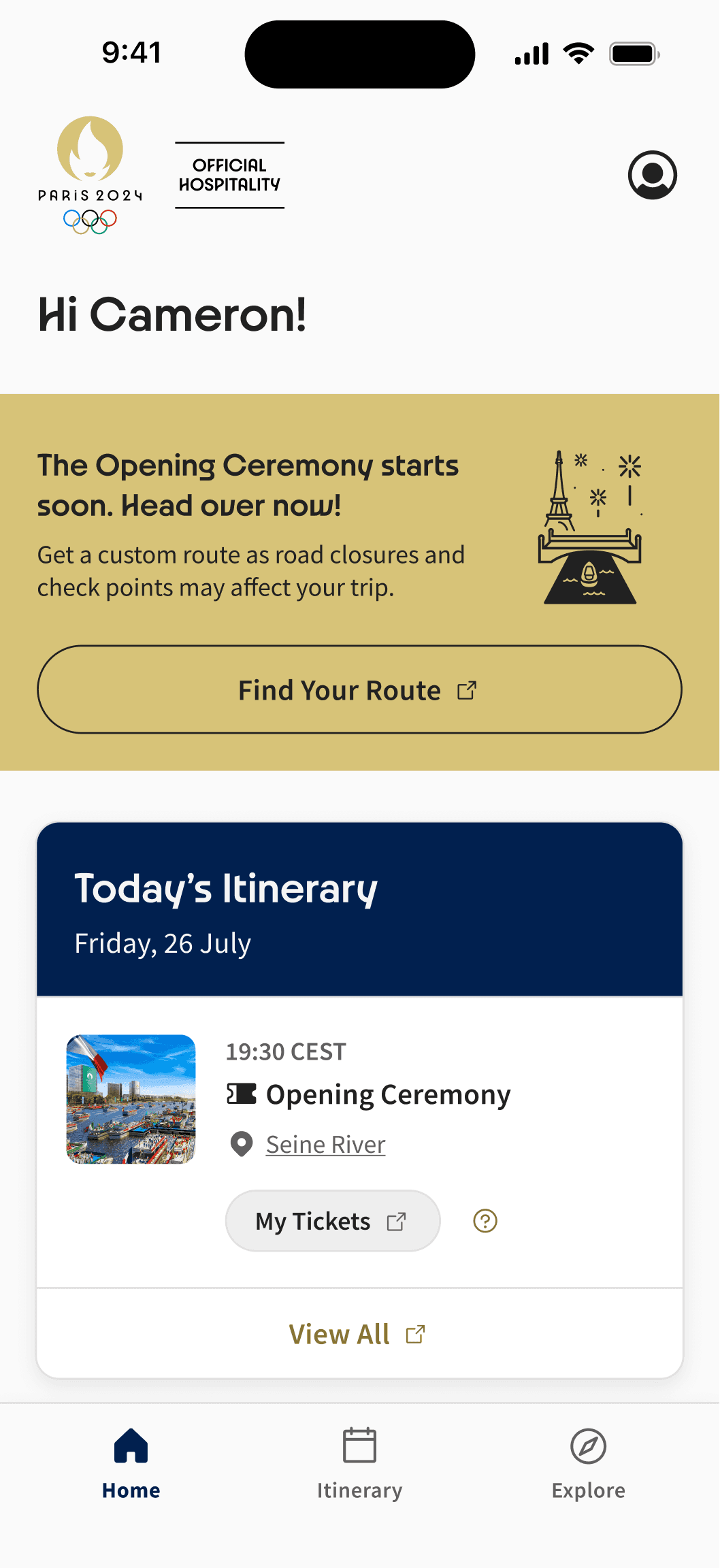 Paris 2024 App Homepage w/ Opening Ceremony Banner