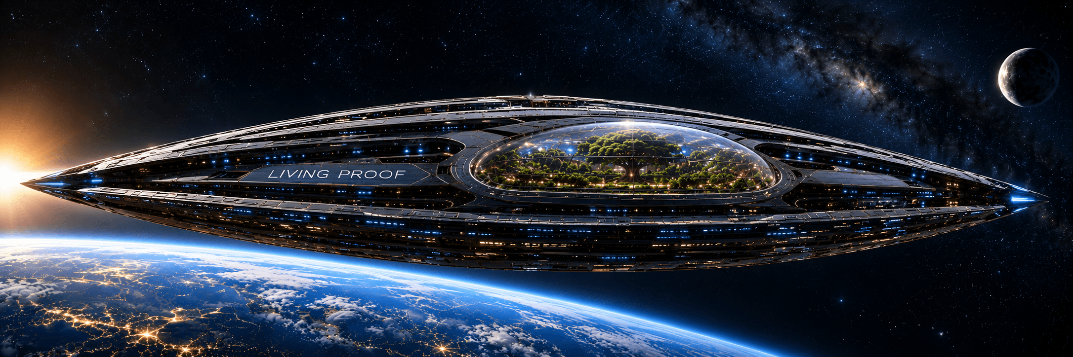 Living Proof orbital ark above Earth with the central biosphere dome visible
