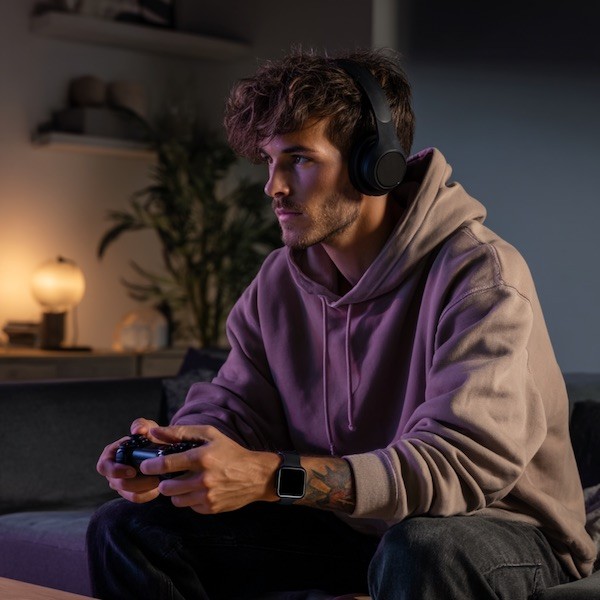 man in red shirt wearing black headphones