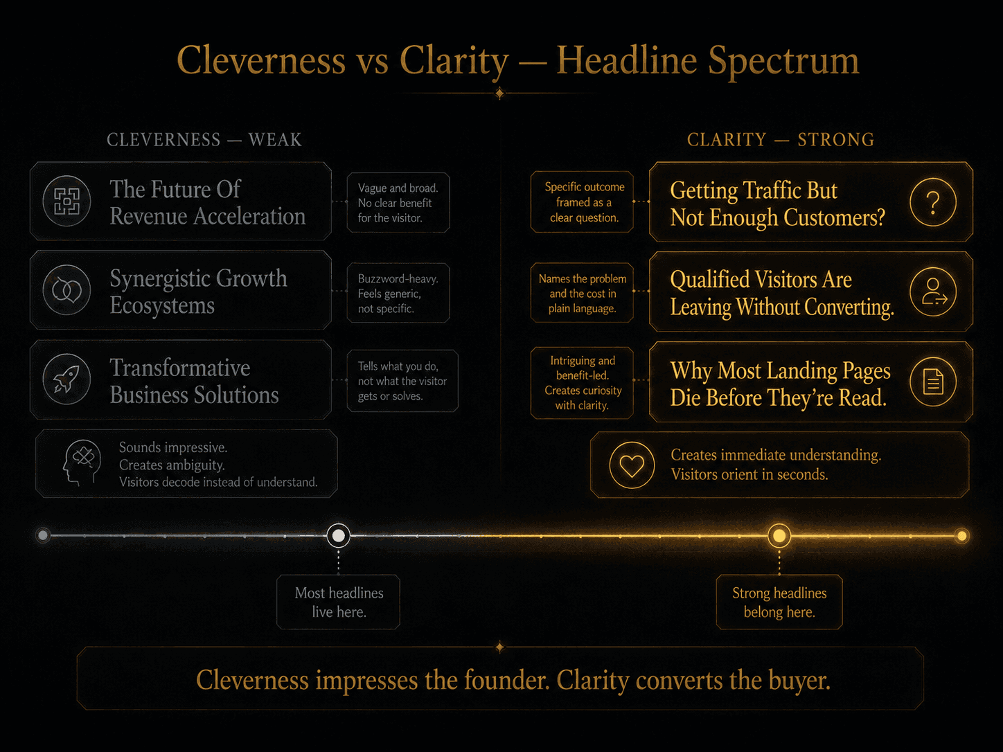 “Cleverness vs Clarity — Headline Spectrum” Concept: A horizontal, elegant spectrum visualization. The left side represents “Cleverness,” the right side represents “Clarity.”  Left side (Cleverness — Weak): Examples in desaturated grey: “The Future Of Revenue Acceleration,” “Synergistic Growth Ecosystems,” “Transformative Business Solutions.” Label: “Sounds impressive. Creates ambiguity. Visitors decode instead of understand.”  Right side (Clarity — Strong): Examples in warm gold: “Getting Traffic But Not Enough Customers?” “Qualified Visitors Are Leaving Without Converting.” “Why Most Landing Pages Die Before They're Read.” Label: “Creates immediate understanding. Visitors orient in seconds.”  A marker shows where most headlines fall (left side) and where strong headlines belong (right side). A label: “Cleverness impresses the founder. Clarity converts the buyer.”  Style: Architectural spectrum meets luxury UI. Dark background, gradient from desaturated grey to bright gold. Thin gold connecting lines.  Interaction: Hovering any cleverness example reveals why it fails (ambiguity, no buyer recognition, no problem). Hovering any clarity example reveals why it works (specific problem, buyer recognition, immediate orientation). A slider moves a marker along the spectrum to show how a headline can be reframed.
