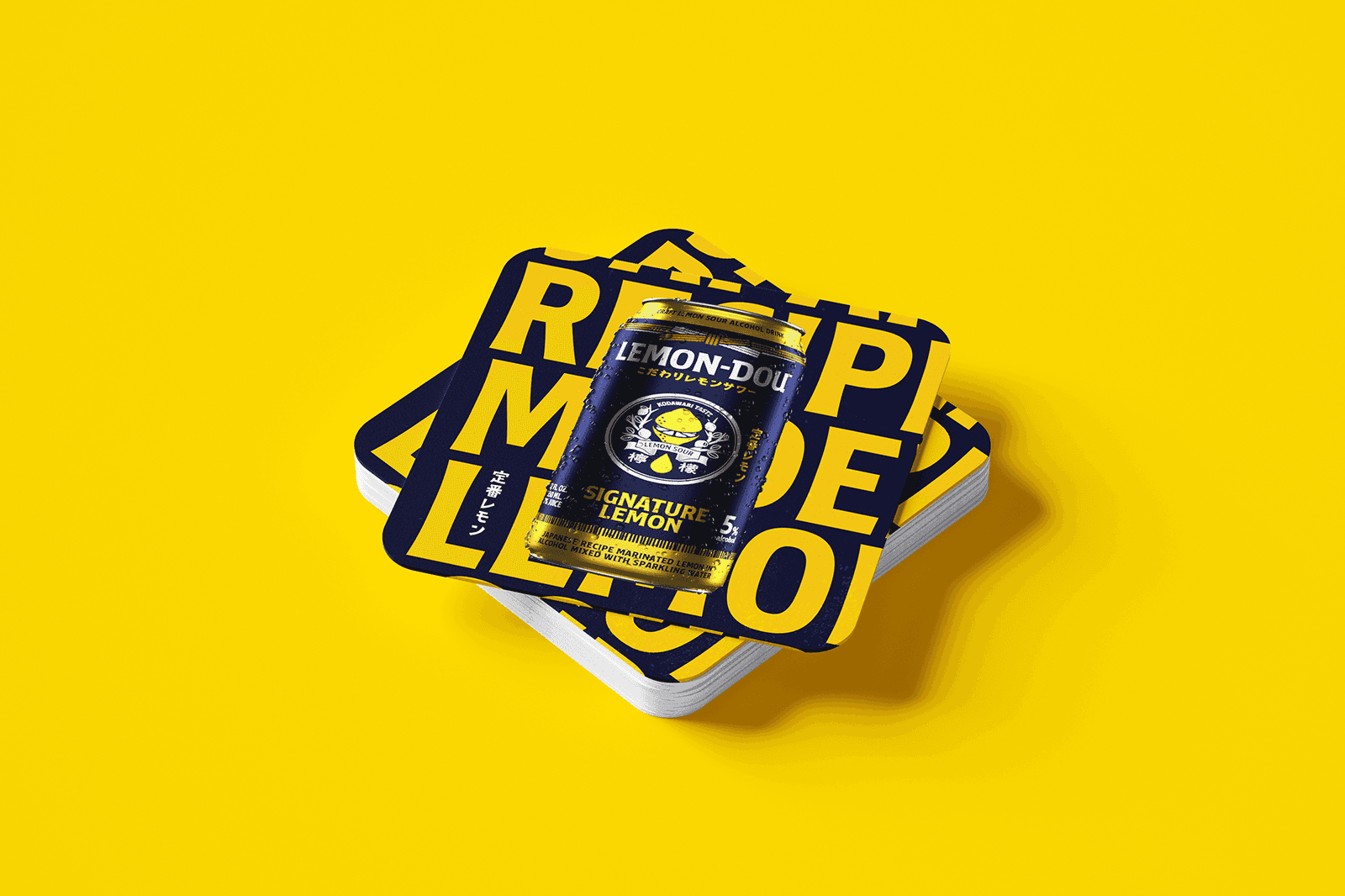 A stack of coasters with stylized text in blue and white in a yellow background.