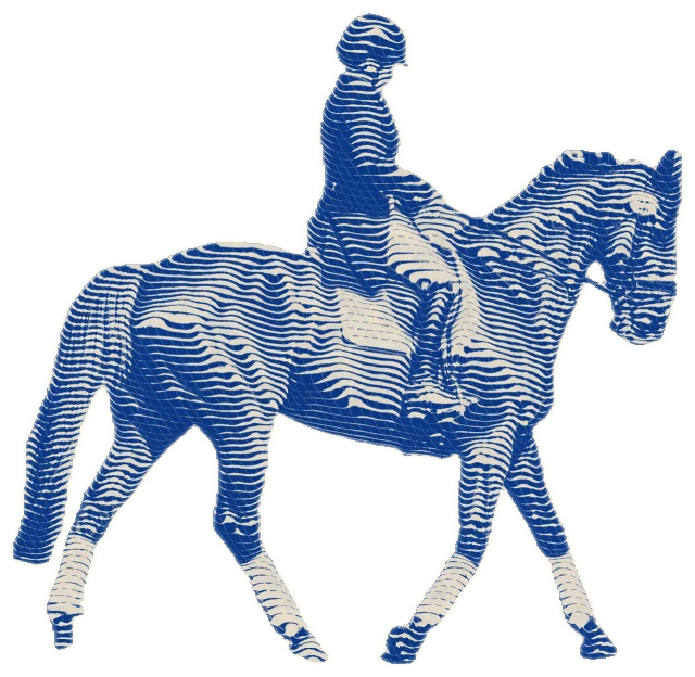 An engraved rider on horseback crossing the plate