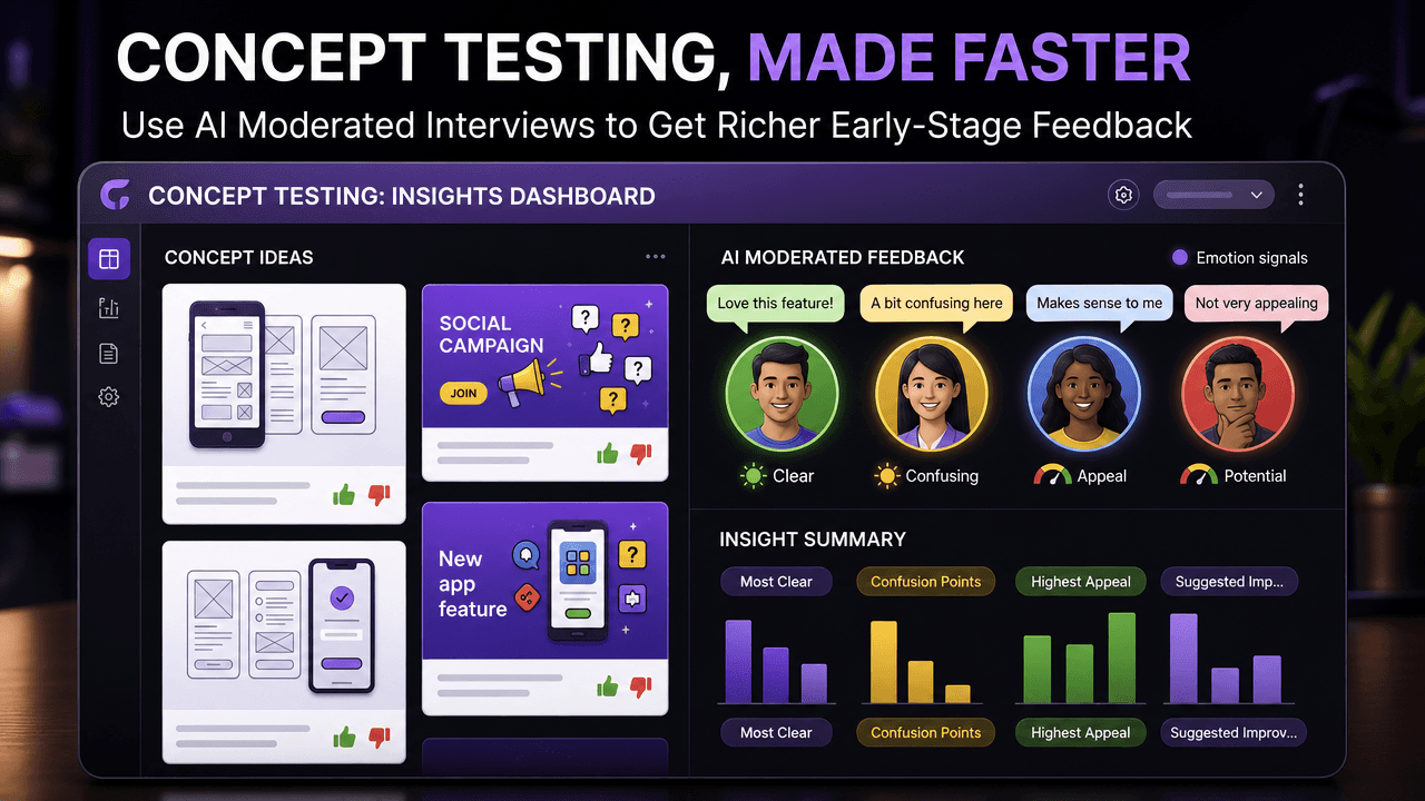 AI concept testing dashboard showing concept ideas, moderated participant feedback, emotion signals, and insight summaries to help teams get richer early-stage feedback faster.