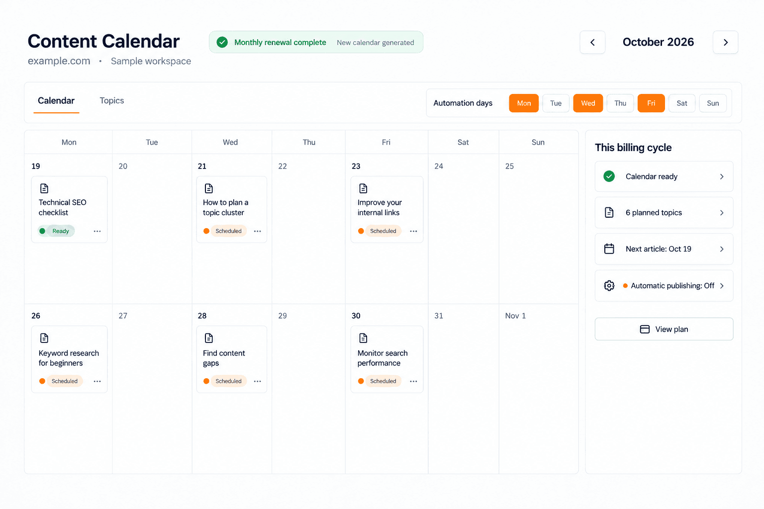 Sample Automatic monthly content planning UI