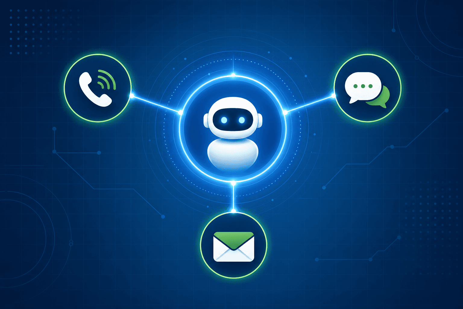 A flat-style enterprise technology illustration showing a single unified AI agent hub at the center, with three glowing connection lines radiating outward to icons representing voice calls, chat bubbles, and email envelopes. The central hub pulses with a soft blue light, symbolizing autonomous operation. A clean corporate background with subtle grid lines. Modern, professional color palette of deep blue, white, and green accents. No text, no words, no labels, no letters anywhere in the image.