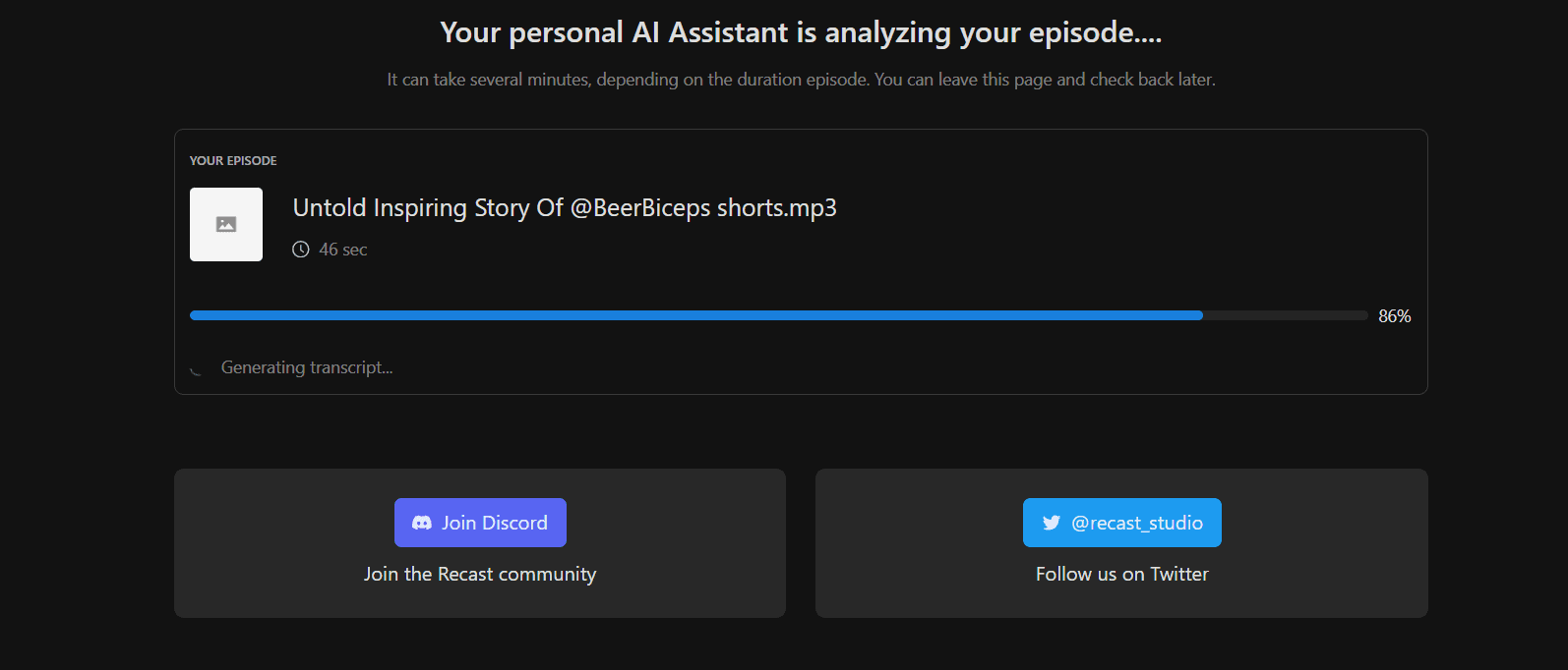 An episode of beerbiceps podcast is uploading to create audiogram waveform using the recast studio 