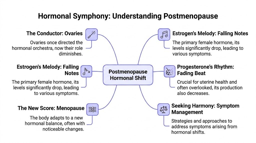 An infographic titled Hormonal Symphony explaining the hormonal shifts in the body during the postmenopause stage.