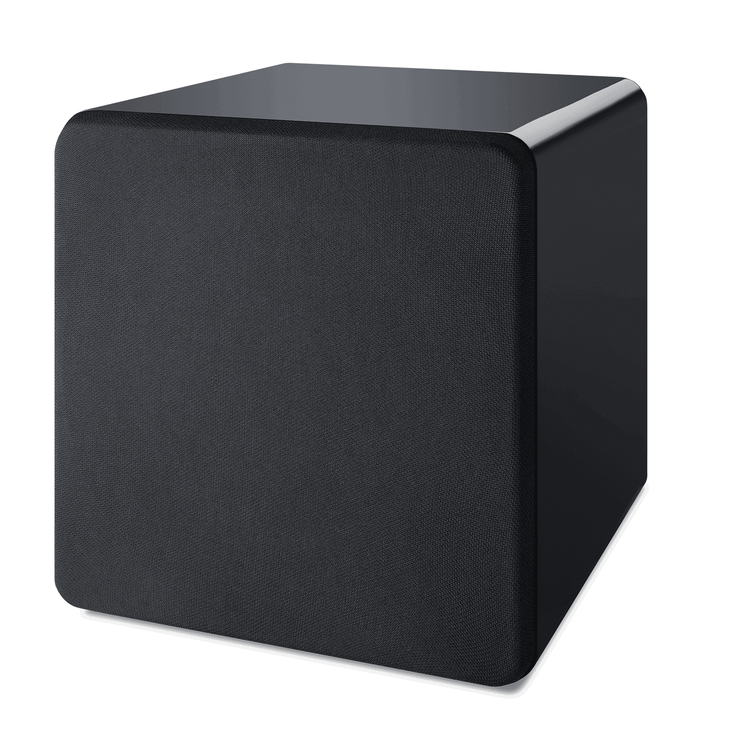 Black cube-shaped subwoofer with rounded edges.