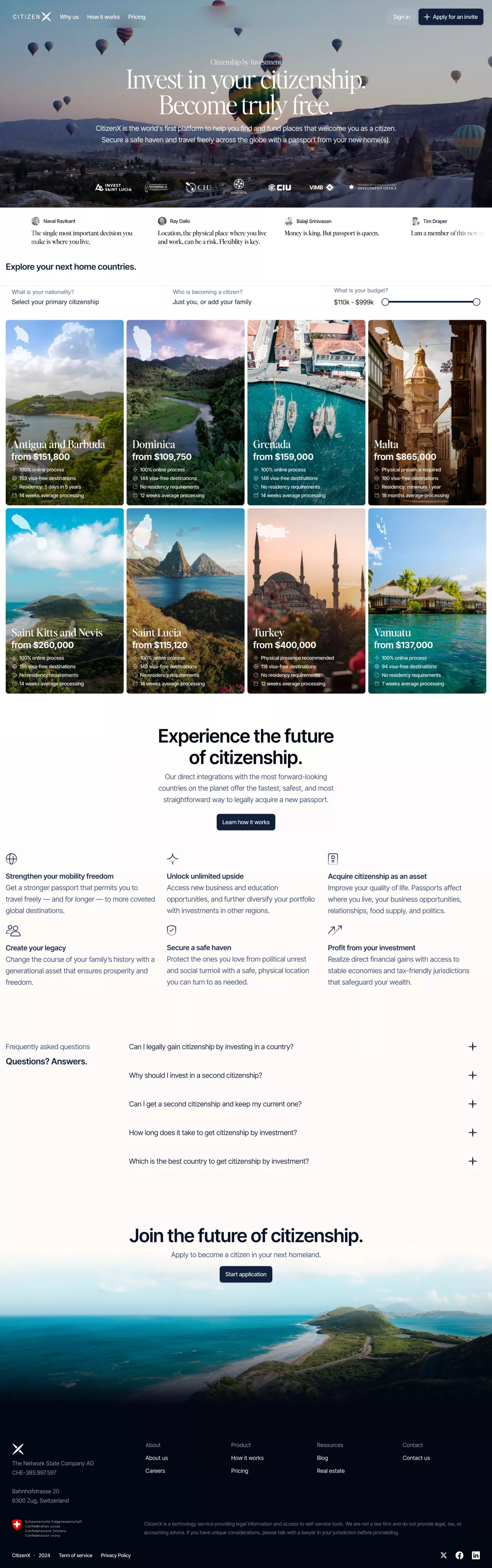 CitizenX landing page screenshot showcasing Travel and Tech design