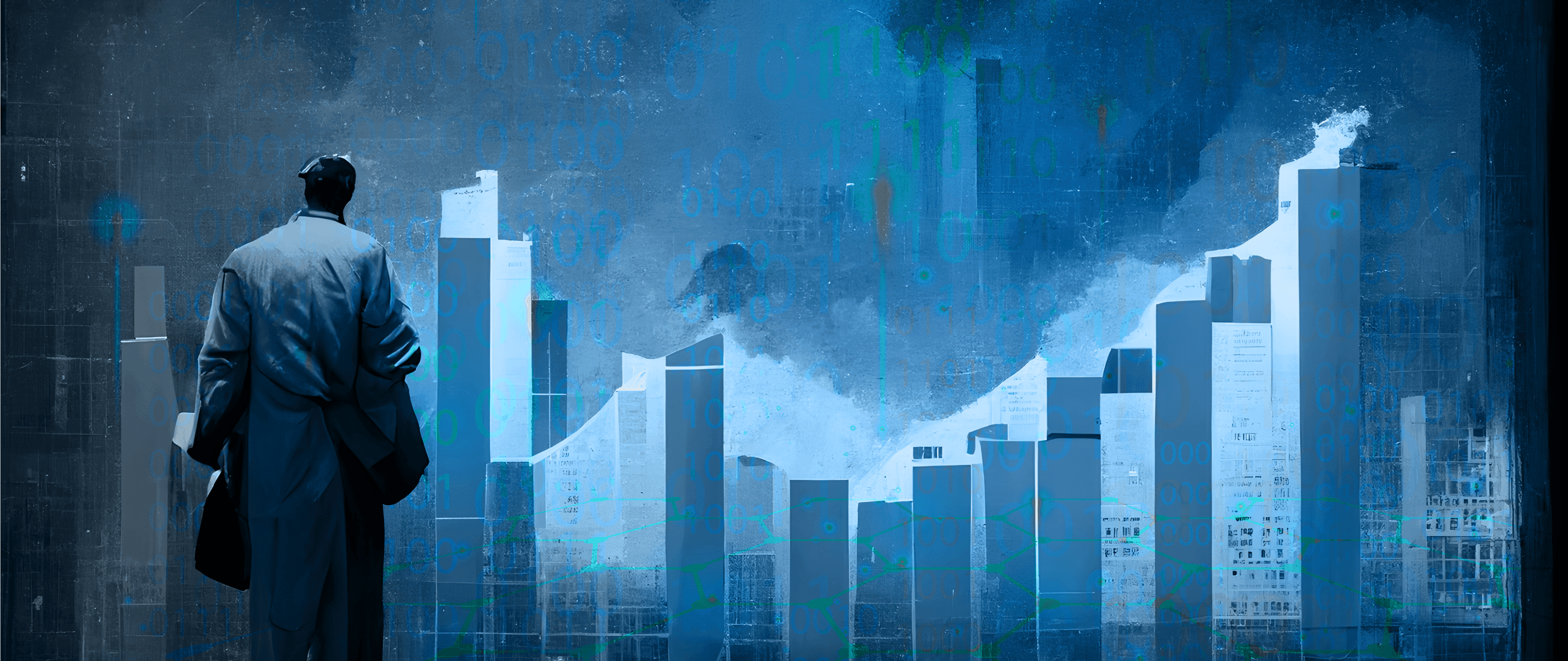 Business professional viewing a rising digital cityscape made of data blocks, symbolising how applying strong data management practices can improve sanctions screening and enhance watchlist accuracy.