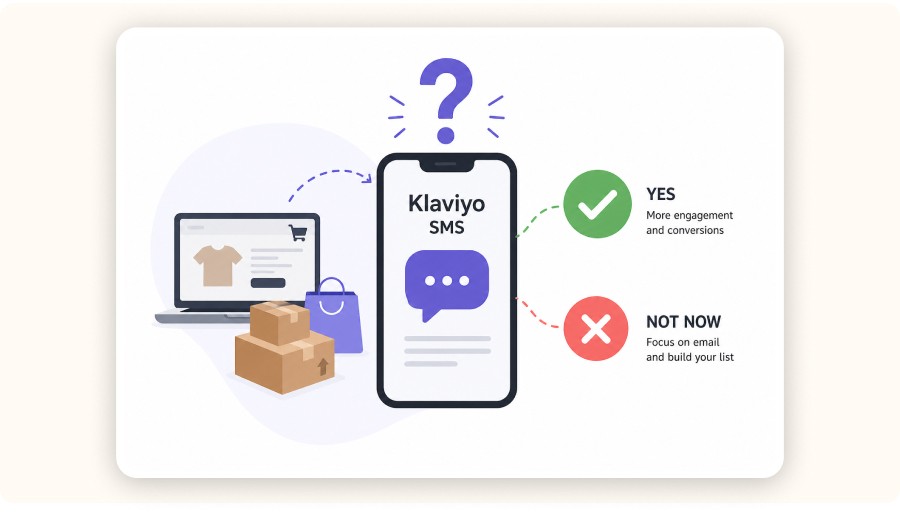 Simple illustration of Klaviyo SMS decision for dropshipping with smartphone and icons&nbsp;