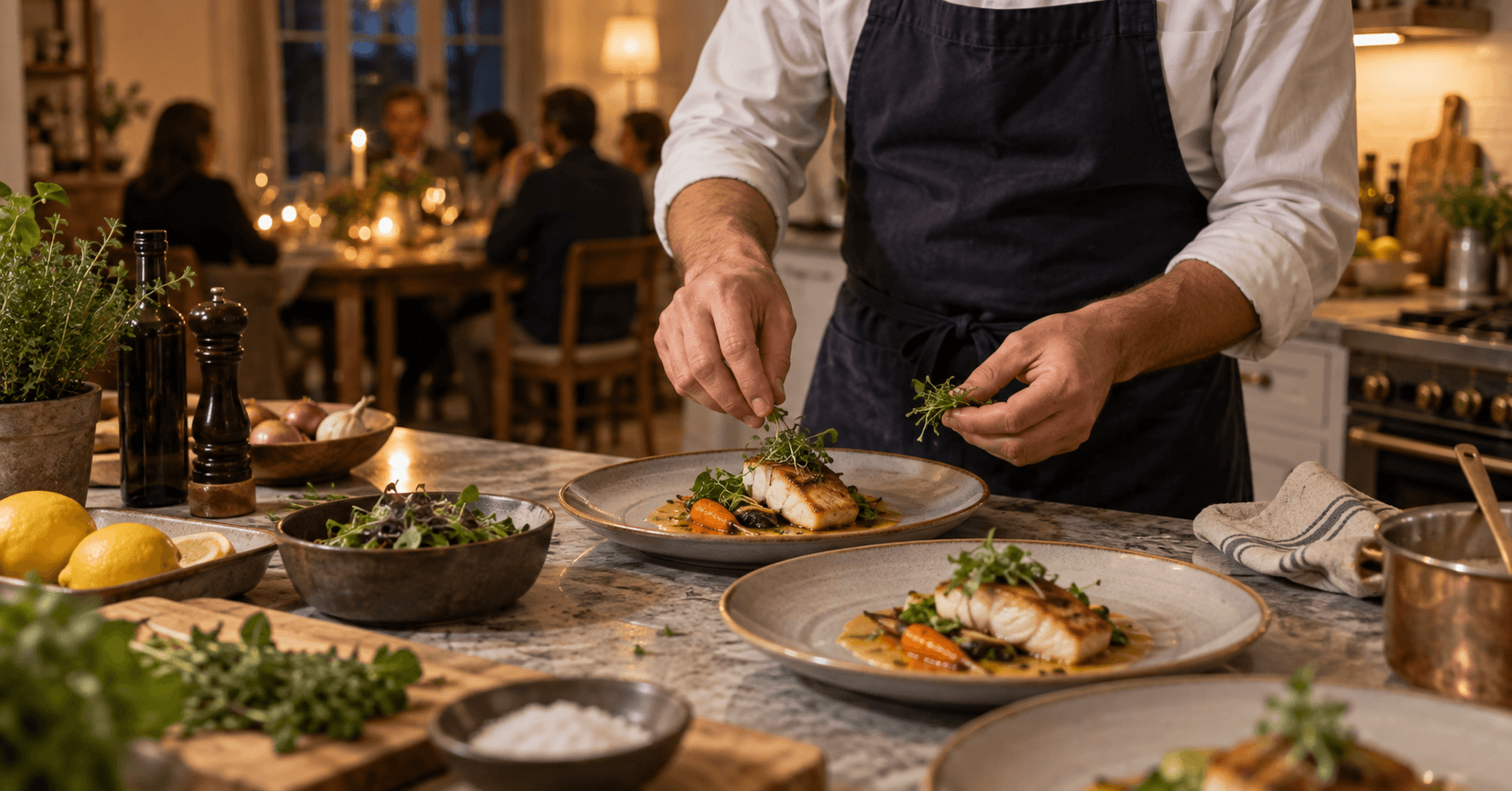 Un chef dresse un plat dans la cuisine d’un domicile.