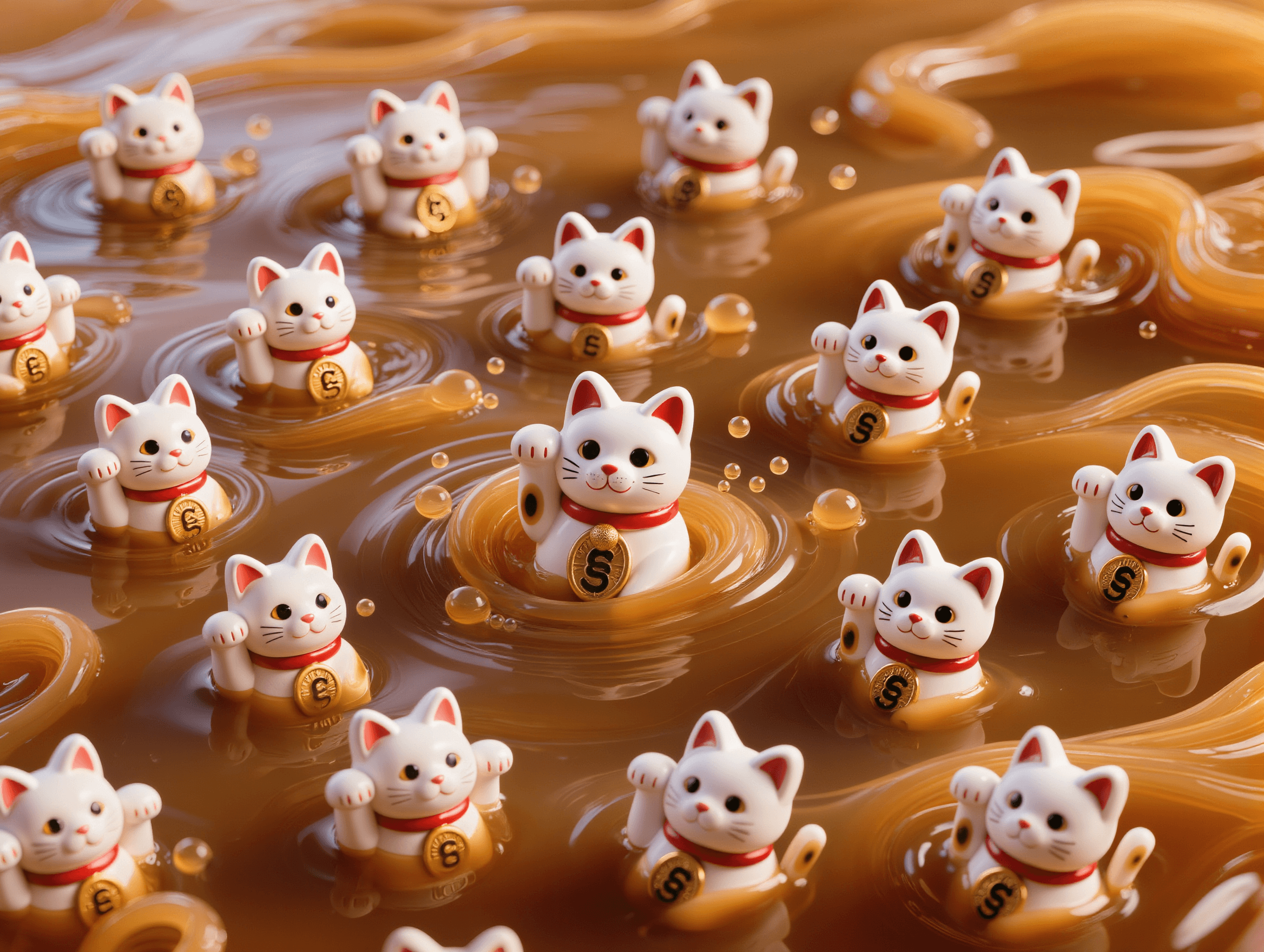 Gatti Maneki che emergono da miele creata con intelligenza artificiale