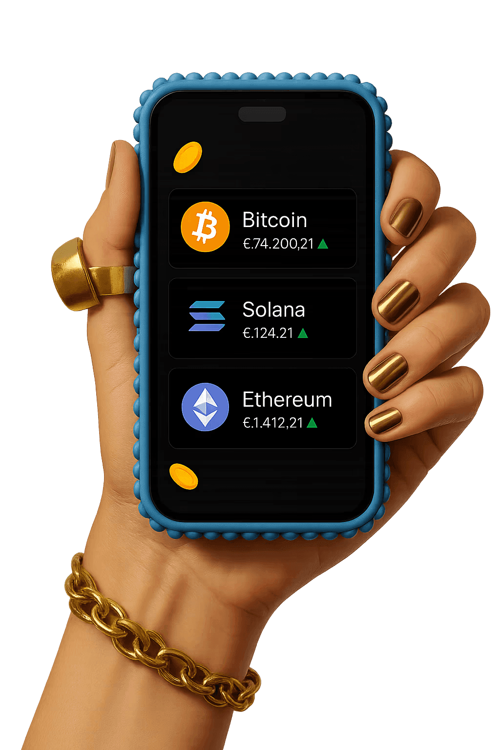Een hand houdt een smartphone vast waarop cryptovaluta-informatie wordt getoond, waaronder Bitcoin en Ethereum.