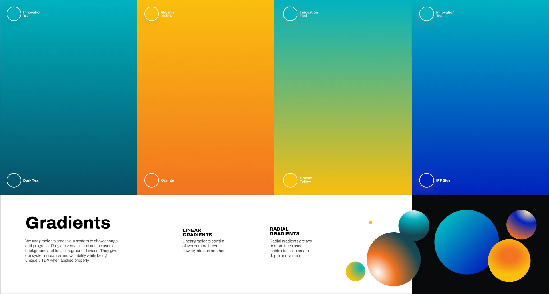 Colorful gradient panels in teal, yellow, and blue, with abstract shapes at the bottom and text above.