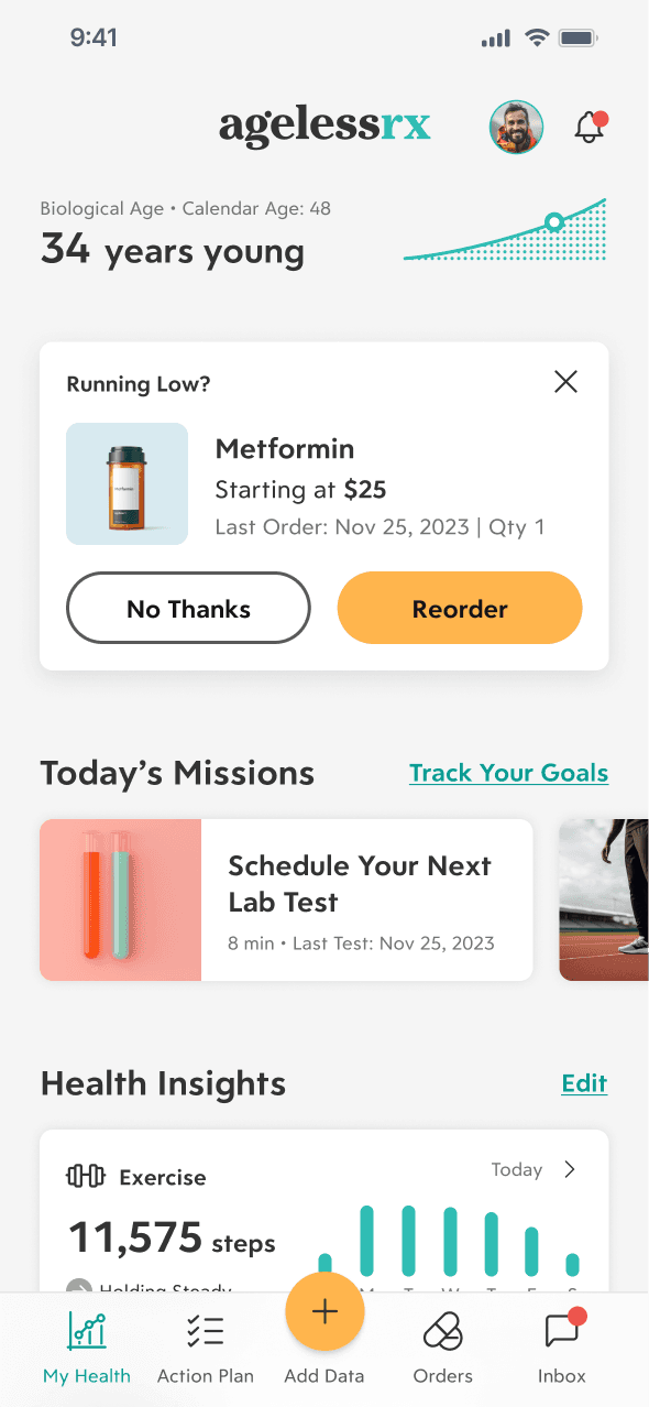 Home screen with notification cards and health insights peaking below the fold.