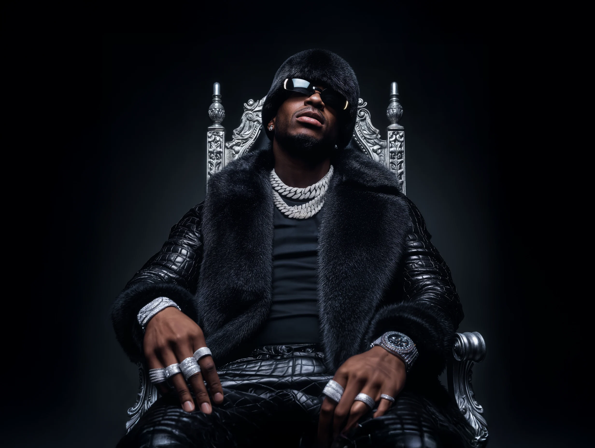Hip hop artist seated on an ornate chair wearing dark clothing and layered chains