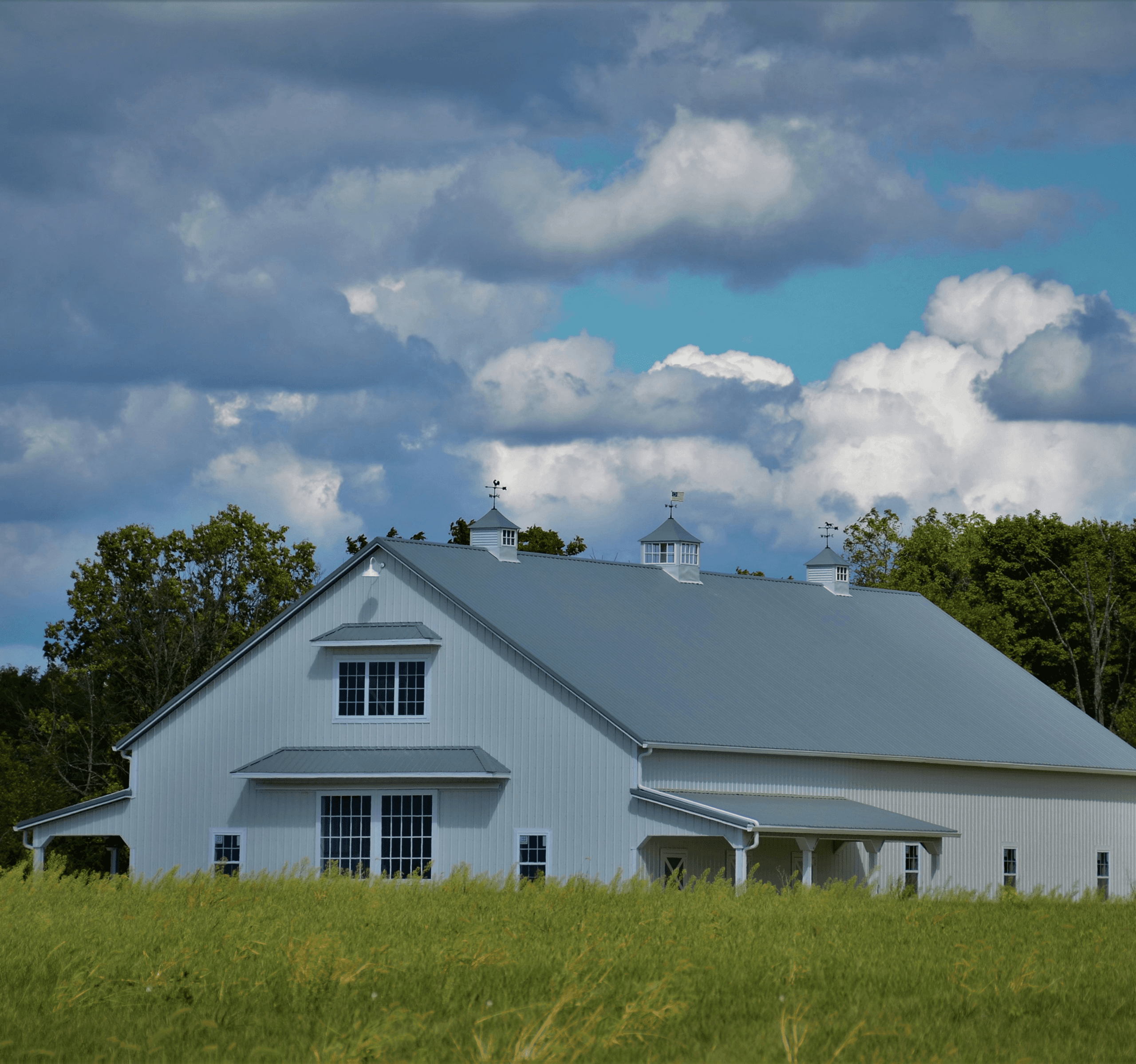 Aerial view of a residential neighborhood with houses, trees, and a central swimming pool.