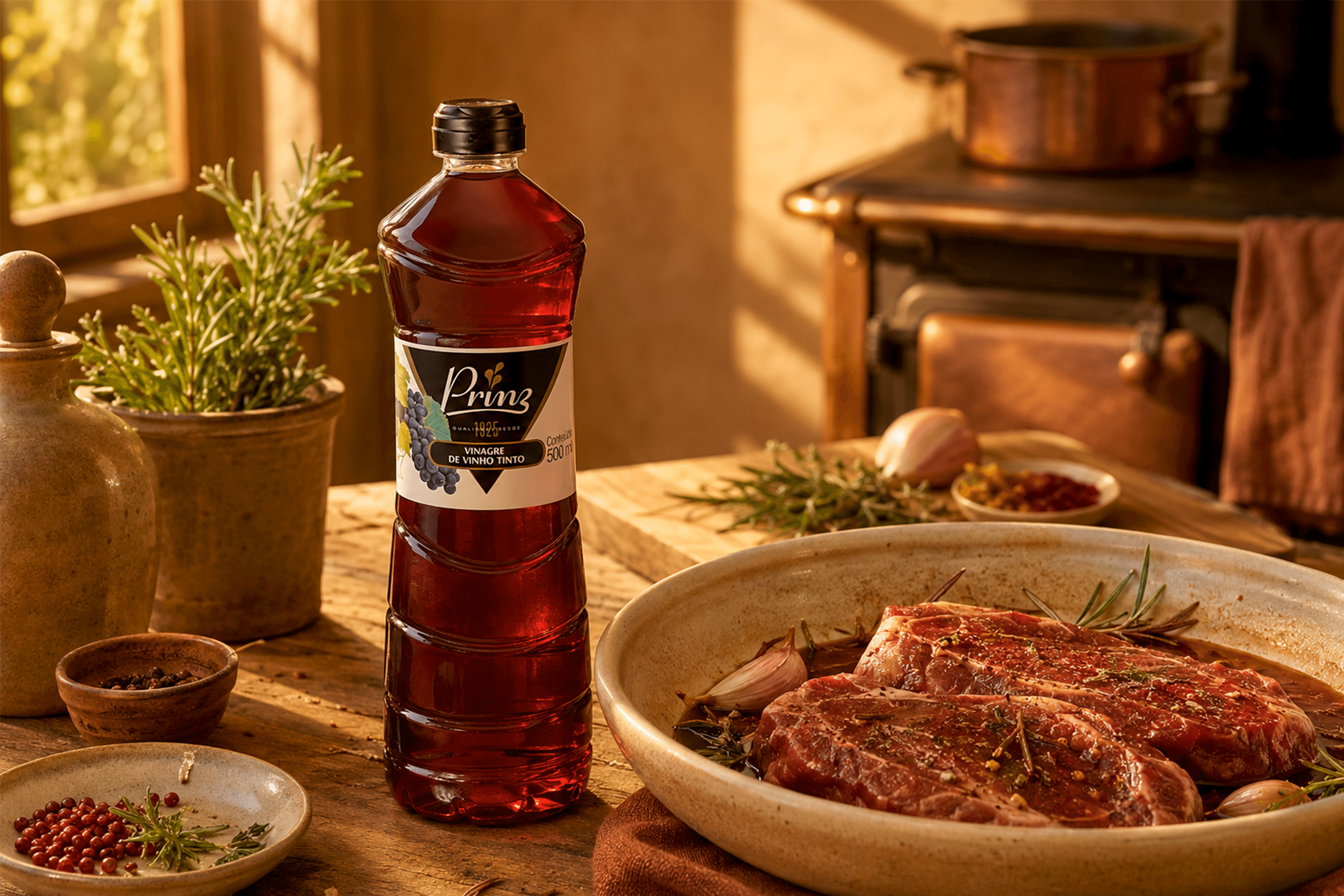 embalagem tradicional do vinagre de vinho tinto prinz em mesa ao lado de prato com carne vermelha