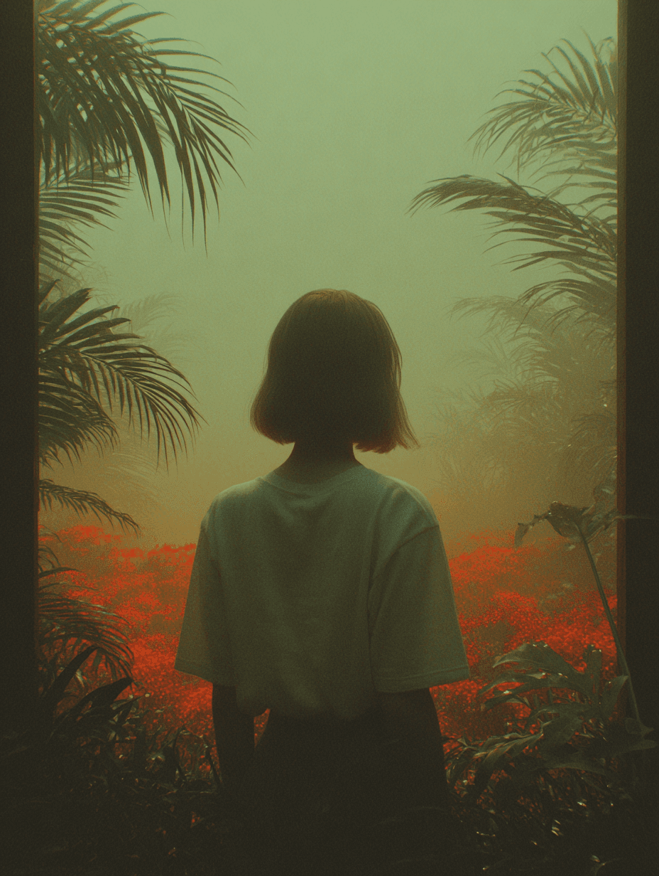 A person with short hair stands facing a misty landscape filled with red flowers and surrounded by tropical plants, bathed in ethereal green light.