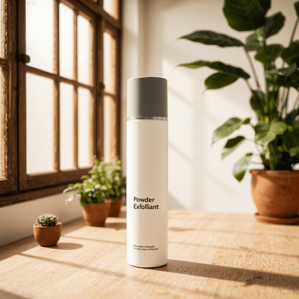product photography of a bottle of powder exfoliant for skin brightening