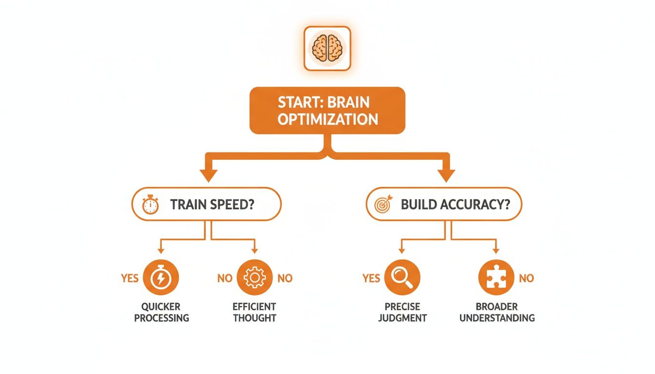 Flowchart illustrating brain optimization choices: train speed for quicker processing or efficient thought, or build accuracy for precise judgment or broader understanding.