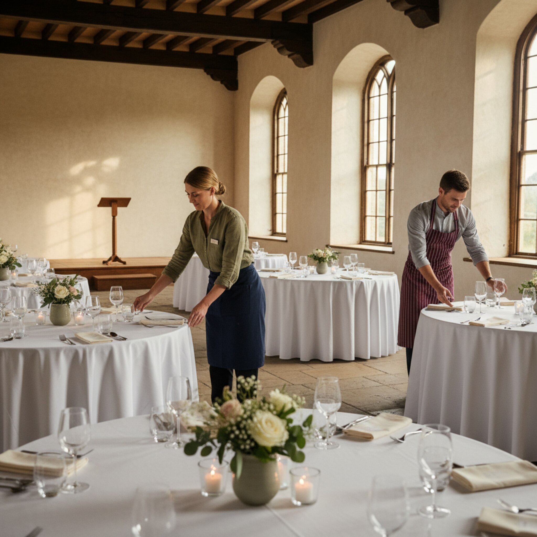 Ein stilvoll dekorierter Saal im Gutshof, runde Tische mit weißen Decken und zarten Blumen. Sonnenstrahlen fallen durch hohe Fenster auf die Bühne. Zwei Mitarbeitende justieren still Stühle und Kerzen. Es wirkt geordnet, festlich und bereit für Gäste.