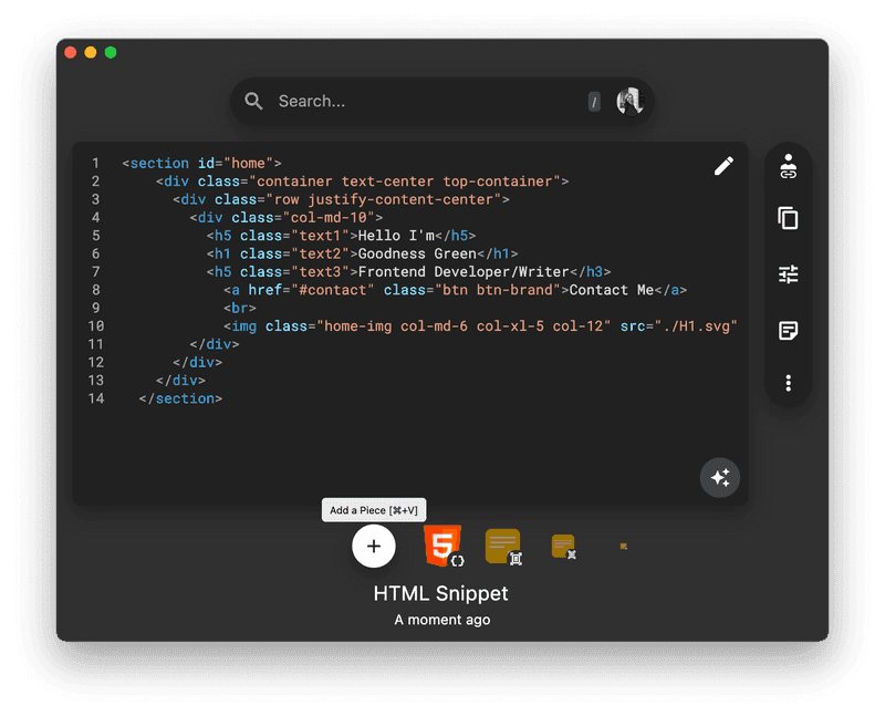 The Add a Piece menu in the Pieces Desktop App.