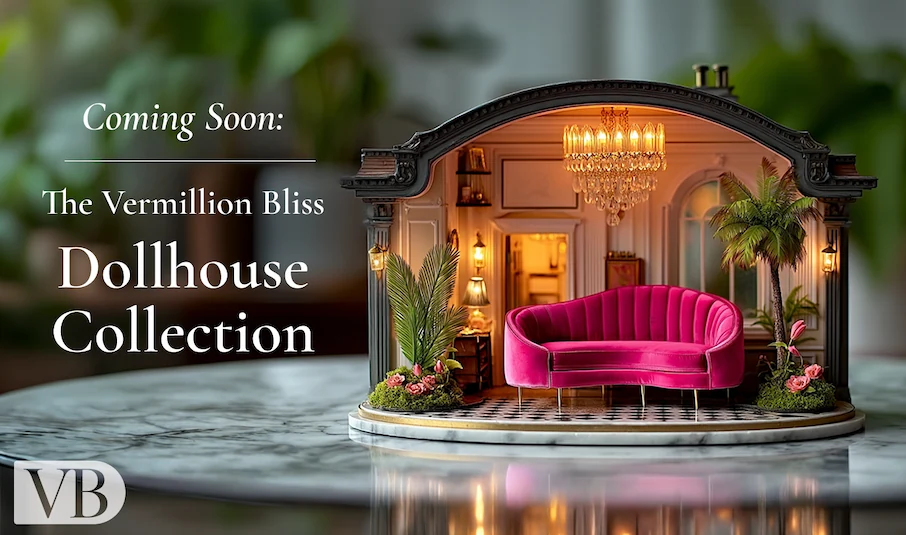 Tiny room of dollhouse with pink couch on table