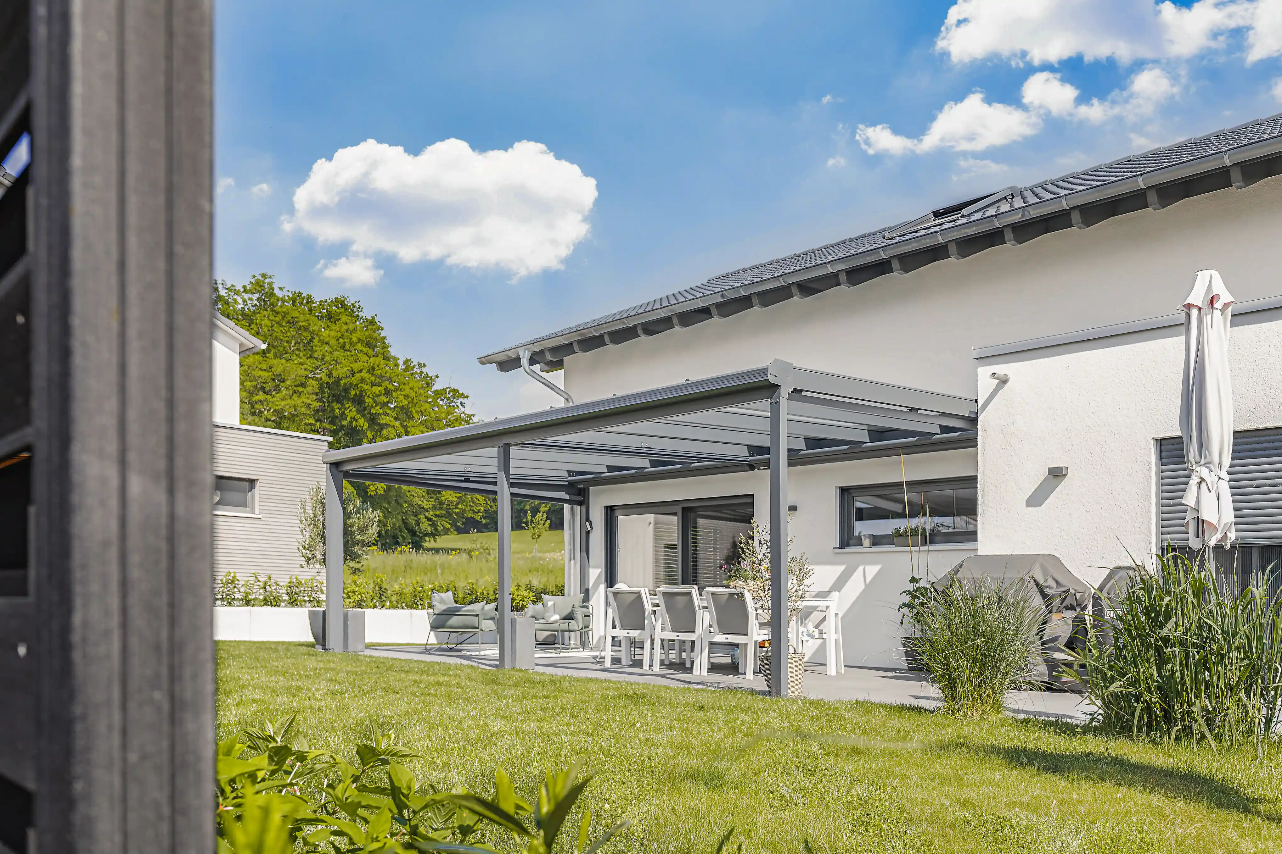 Terrassendach aus Glas auf 3 Stützen
