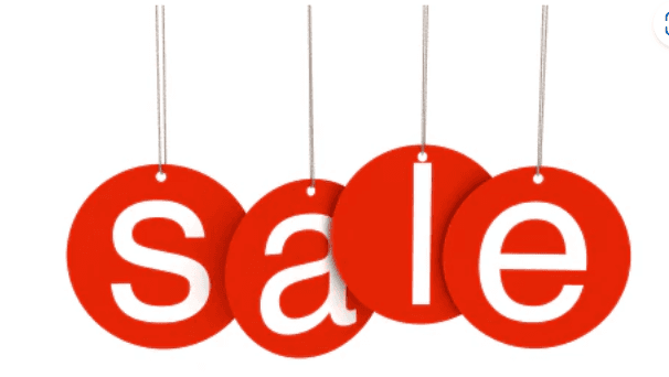 The image shows four red circular tags hanging from strings, each with a white letter spelling out the word "sale." It’s a bold and eye-catching design typically used to promote discounts or special offers.