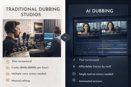 Perbandingan studio dubbing tradisional vs AI yang menunjukkan pengaturan rekaman studio dan antarmuka perangkat lunak penerjemahan video AI