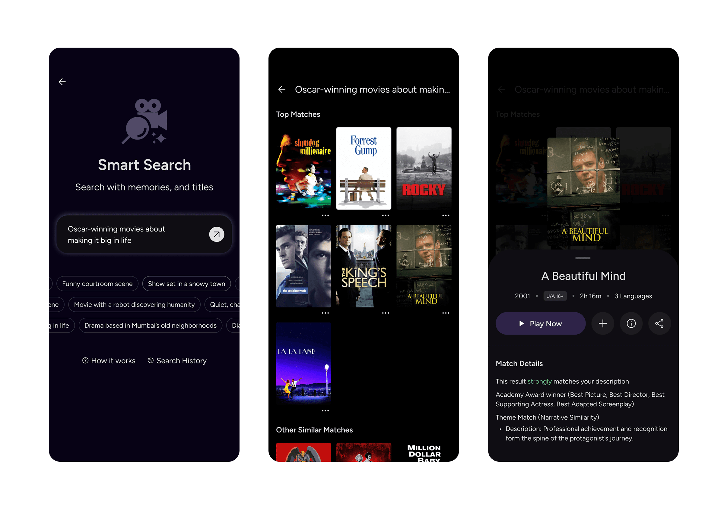 Search results for a generic action description with a "Scene Match" detail card for Sherlock