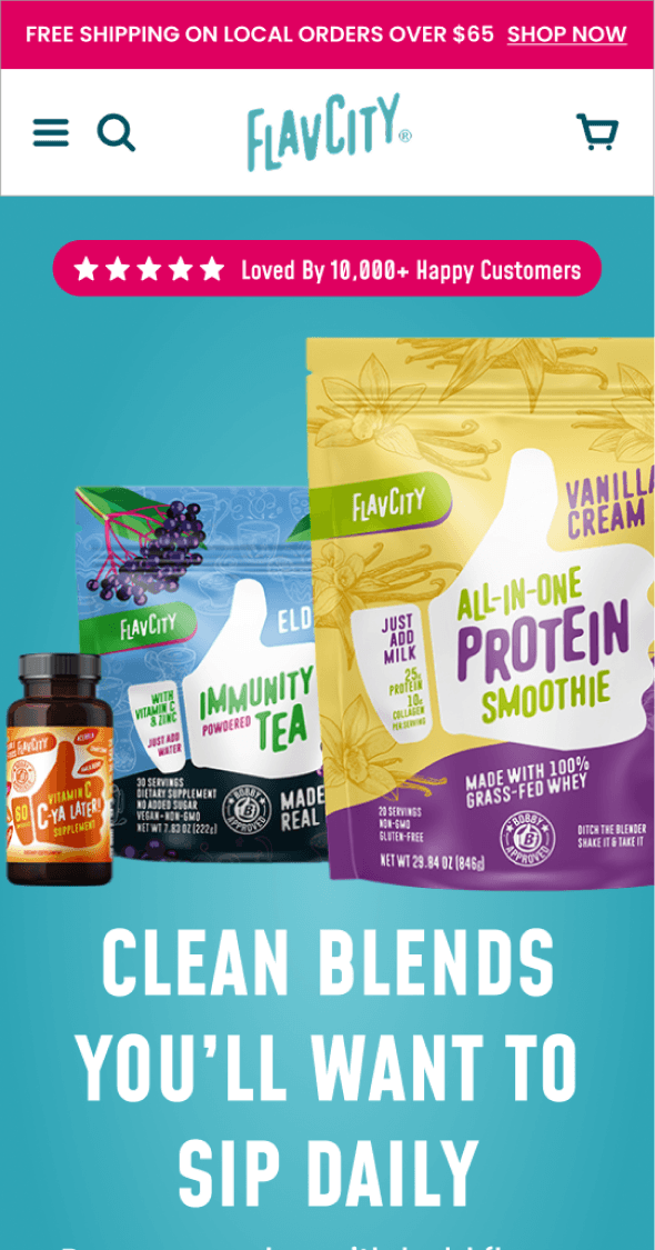 Mobile homepage hero promoting FlavCity wellness products