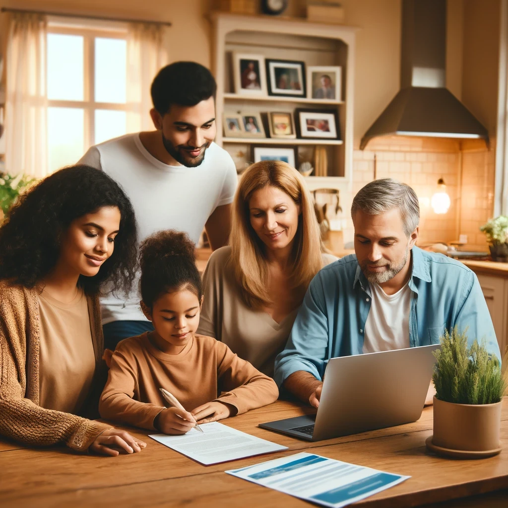A diverse family reviewing immigration paperwork together at their kitchen table, with a laptop open and documents spread out, symbolizing the journey of adjusting status under Section 245i.
