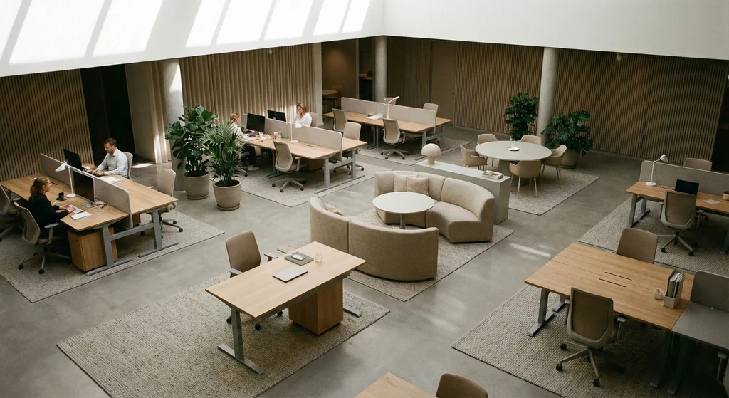 Office interior viewed from above or slightly elevated angle, flexible desks, collaborative zones