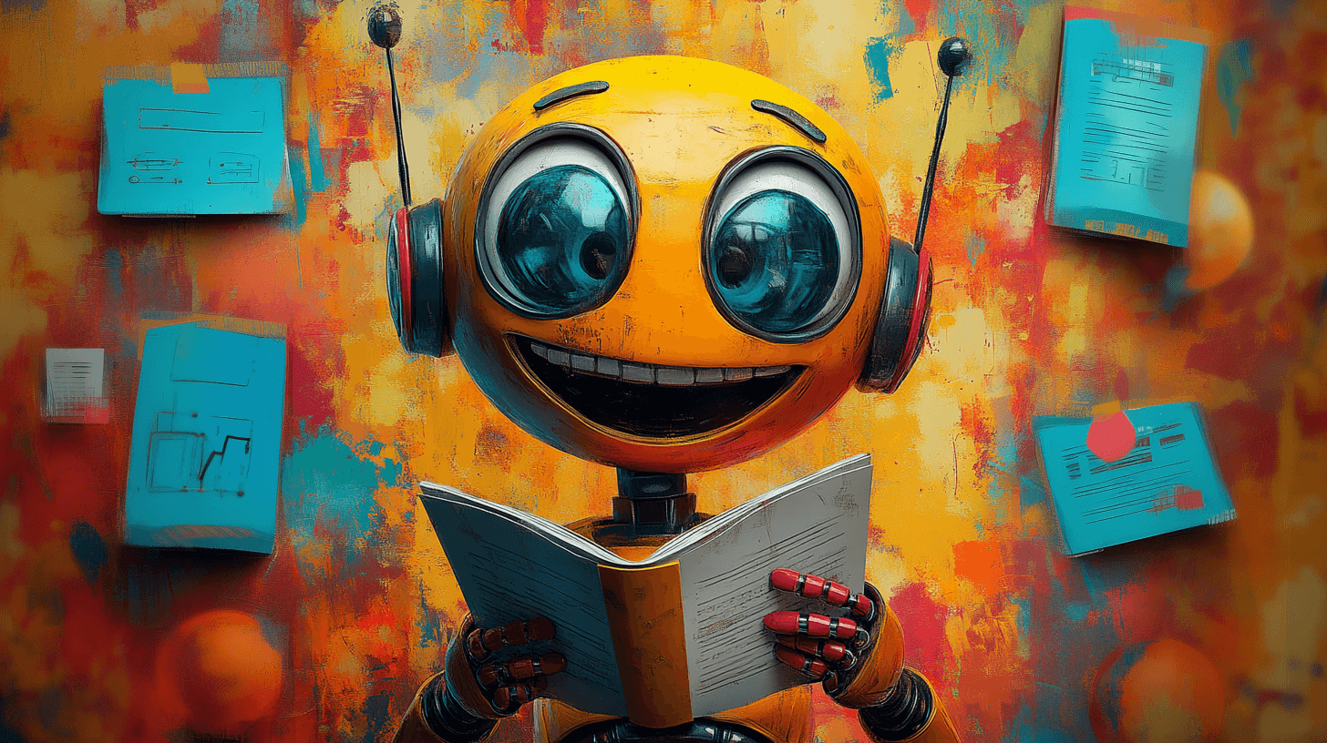 Paple Story robot reading a movie script