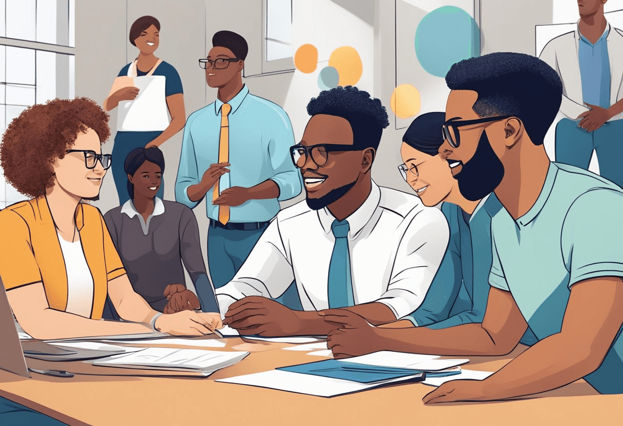 A diverse group of employees engage in open dialogue and collaboration, sharing ideas and experiences to foster inclusion and diversity in the workplace