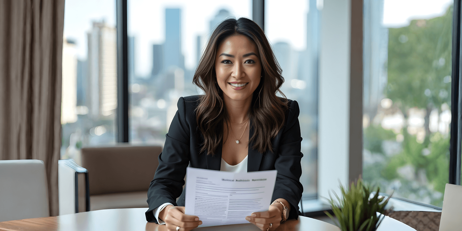 A woman in a business suit holds a paper, symbolizing strategic discussions on corporate relocation in Florida.