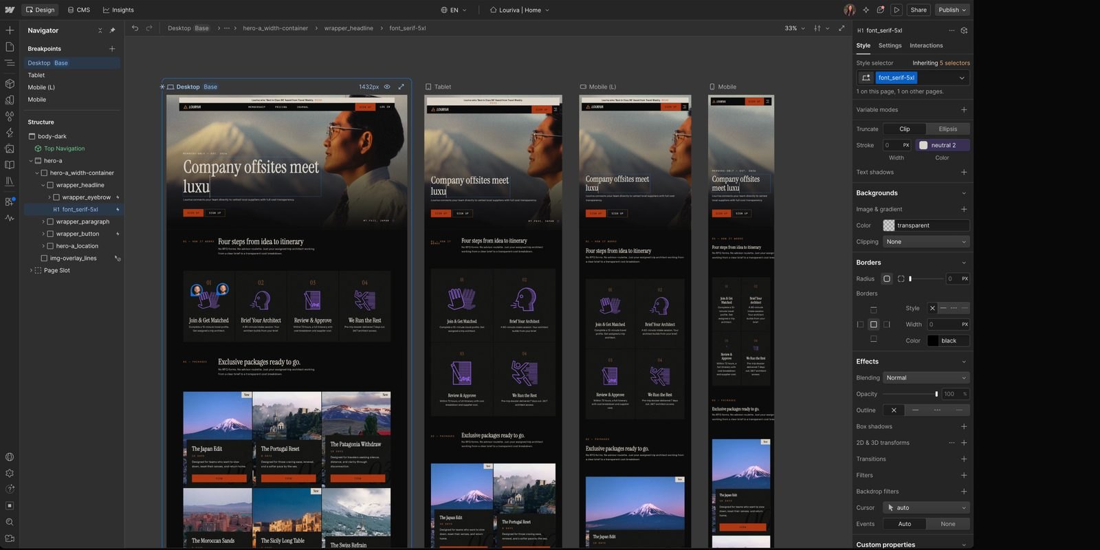 Webflow breakpoint canvas showing desktop, tablet and mobile side by side