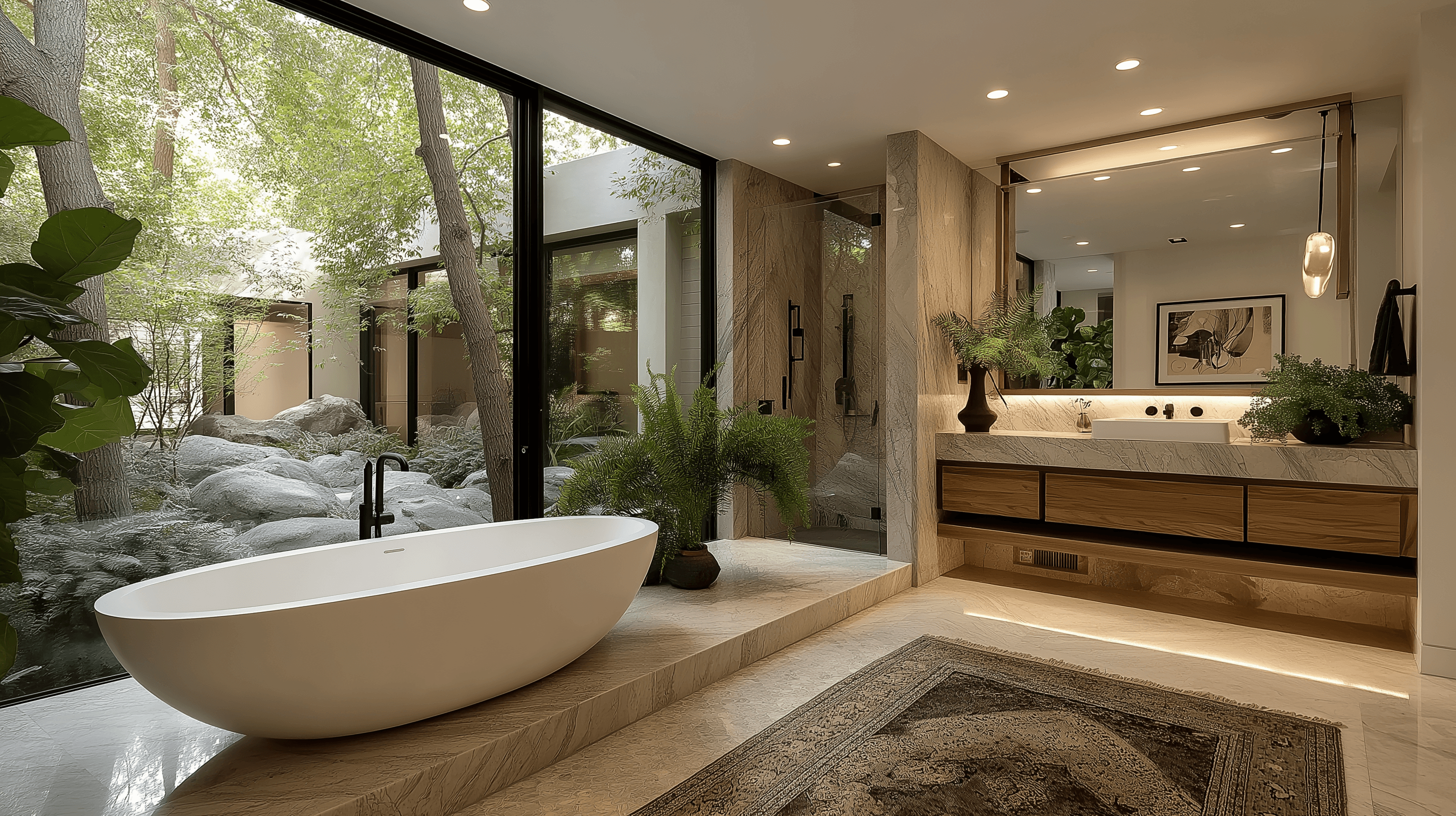Serene luxury bathroom featuring a freestanding white tub, dual wood vanities, and floor-to-ceiling glass walls that look out onto a private indoor rock garden with lush ferns.